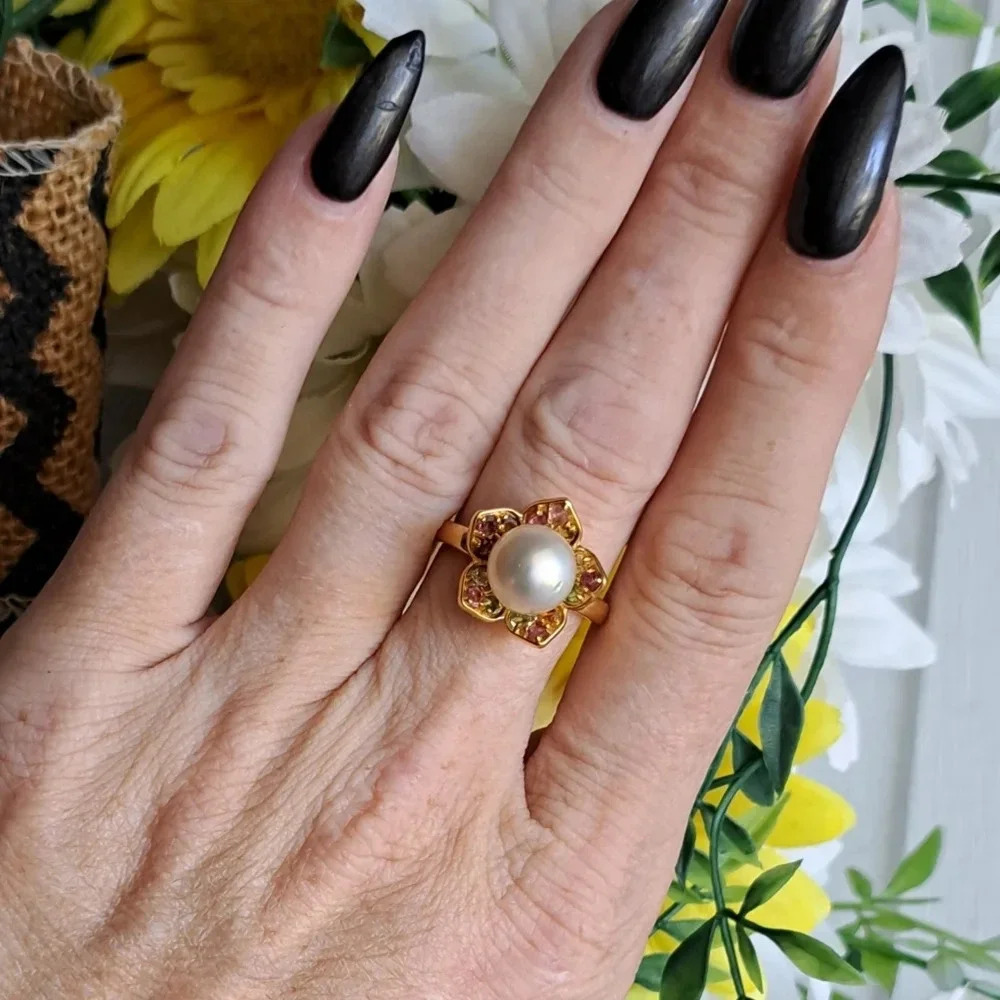 Golden South Sea Pearl & Multi-Tourmaline Flower Ring